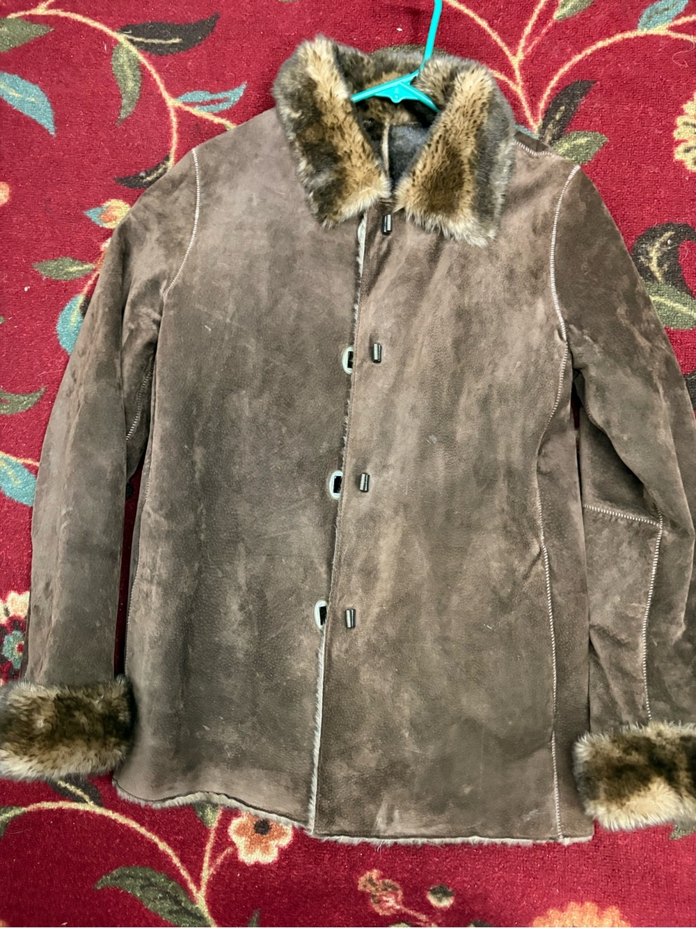 Women's Brown Suede Shearling Coat with Fur Trim